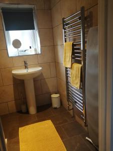 a small bathroom with a sink and a mirror at Garden Apartment Morpeth- with lockable bike storage! in Morpeth
