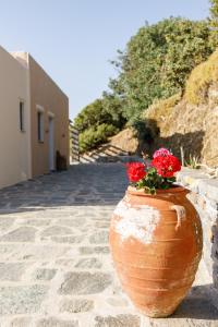 a large clay vase with red flowers sitting on a sidewalk at Cycladic Villa with sea view! in Ioulida