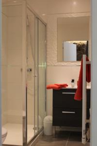 La salle de bains est pourvue d'une douche en verre et d'un lavabo. dans l'établissement Une Pause a Signes, à Signes