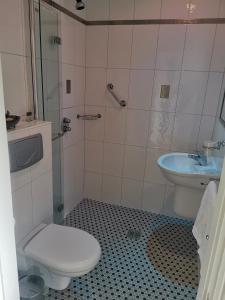 a bathroom with a shower and a toilet and a sink at The Ferris Wheel B&B in Beaufort