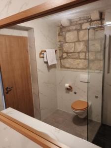 a bathroom with a glass shower with a toilet at Apartments Kuća Nebeska in Viganj