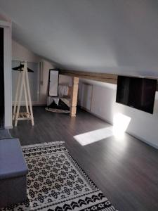 ein Wohnzimmer mit einem TV, einem Sofa und einem Teppich in der Unterkunft Chez Do.. in Beinheim