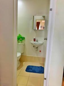 een badkamer met een wastafel, een toilet en een spiegel bij The Elevated Abode - ComfyCosy 1-br at The Loop in Cagayan de Oro