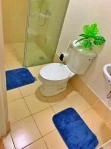 La salle de bains est pourvue de toilettes et de 2 tapis bleus. dans l'établissement The Elevated Abode - ComfyCosy 1-br at The Loop, à Cagayán de Oro