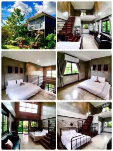 a series of four pictures of a bedroom and a house at BaanSuanklaiKlungBangkrachao บ้านสวนใกล้กรุงบางกะเจ้า in Phra Pradaeng +107 photos