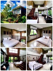 a series of four pictures of a bedroom and a house at บ้านสวนใกล้กรุงบางกะเจ้า in Phra Pradaeng