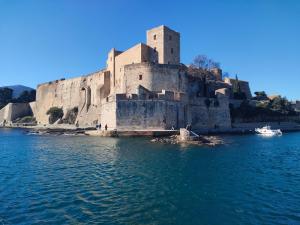 een kasteel op een eiland in het water bij La perle de Collioure à 100 métres de la plage de sable fin avec piscine et parking in Collioure