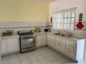 a kitchen with a stove and a sink at Casa los Titos in Manzanillo