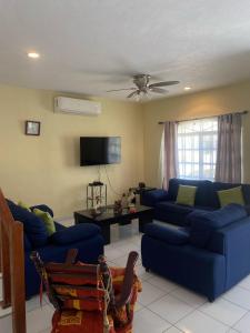 a living room with two blue couches and a tv at Casa los Titos in Manzanillo +19 photos