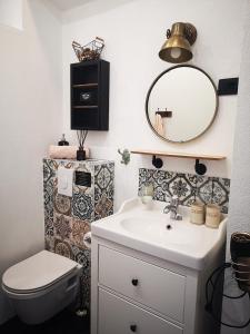 a bathroom with a sink and a mirror and a toilet at Casa Segota in Veli Iž