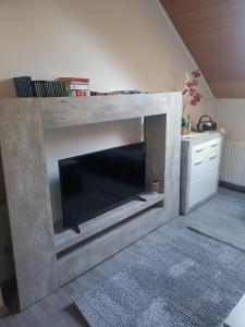 a large stone fireplace with a television in a living room at Apartment Lulu in Aurich