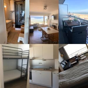 a collage of four pictures of a room at Superbe Appart vue mer avec balcon in Blankenberge