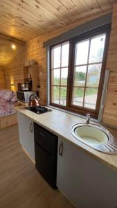 a kitchen with a counter and a sink in a room at Beautiful Wooden tiny house, Glamping cabin with hot tub 2 in Tuxford