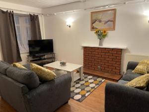 a living room with two couches and a fireplace at Wilford House in Great Billing