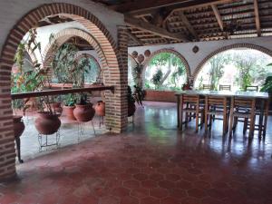 a room with a table and chairs and potted plants at LA CASA DE DOÑA EMMA in Mazamitla