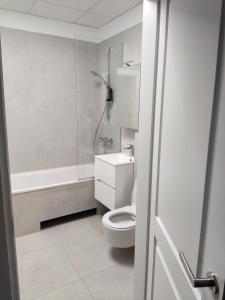 a bathroom with a shower and a toilet and a sink at Apartment Ainiai in Panevėžys +11 photos