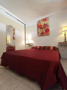 een slaapkamer met een groot bed met een rode sprei bij 531 Paraiso Maspalomas in Maspalomas