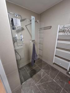 a shower with a glass door in a bathroom at Mountain Wings Bjelasnica Apartment in Bjelašnica