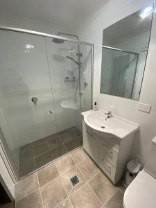 een badkamer met een douche, een wastafel en een toilet bij Sur Le Mont - Blackheath - Studio Apartment in Blackheath