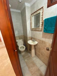 a bathroom with a toilet and a sink and a mirror at Apartamento Cañaveral in Floridablanca