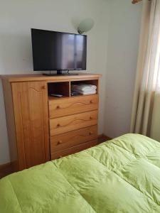 um quarto com uma televisão numa cómoda com uma cama em Cabañas Aquila D'Arroscia em Bahia Inglesa