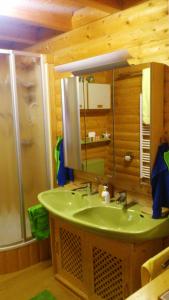 a bathroom with a green sink and a shower at Blockhaus Wallisch in Leogang