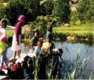 un grupo de personas de pie alrededor de un lago en Hotel & Freizeitpark Am Lärchenberg, en Schirgiswalde