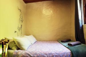 um pequeno quarto com uma cama com almofadas em Away with the Fairies em Hogsback