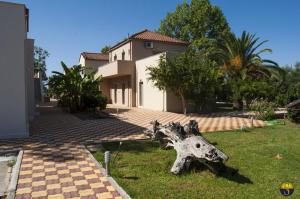 una rama de árbol tirada en la hierba frente a una casa en Hotel Sias Resort, en Agios Avgoustinos