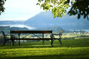 eine Parkbank, die auf einem Feld im Gras sitzt in der Unterkunft Attwengerhof in Traunkirchen