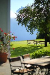 un gruppo di panchine in un parco con campo di Attwengerhof a Traunkirchen