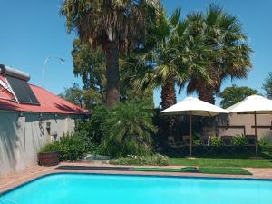 a swimming pool with two umbrellas and palm trees at 75 on Milner Lodge in Kimberley