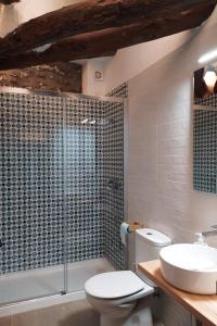 a bathroom with a toilet and a shower and a sink at Los Olmos Alojamiento Rural in Los Olmos