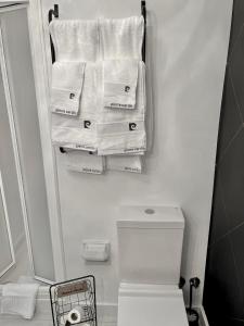 a bathroom with a white toilet and towels at El Rinconcito de Bejar in Béjar +46 photos