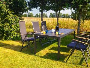 a picnic table and chairs in the grass at 6 person holiday home in Silkeborg in Silkeborg