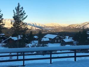ein schneebedecktes Dorf mit Bergen im Hintergrund in der Unterkunft 15 person holiday home in Treungen in Treungen
