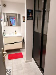 La salle de bains est pourvue d'un lavabo, d'une douche et d'un tapis rouge. dans l'établissement sur ile du pollet, à Dieppe