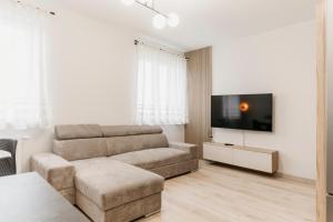 sala de estar con sofá y TV de pantalla plana en Nocosfera Apartament Wrocławski, en Kalisz