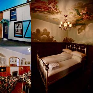 two pictures of a bedroom with a bed and a house at Victoria Titanic 1912 cottage in Belfast