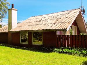 ein Haus mit einem Zinndach auf einem grünen Feld in der Unterkunft 4 person holiday home in Hals in Hals
