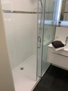 a shower with a glass door in a bathroom at Moderne Ferienwohnung in Lippstadt Zentrum in Lippstadt