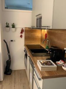 a kitchen with a counter with a sink and a stove at Moderne Ferienwohnung in Lippstadt Zentrum in Lippstadt +24 photos