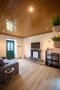 a living room with a couch and a fireplace at Garden Oasis in Capelo