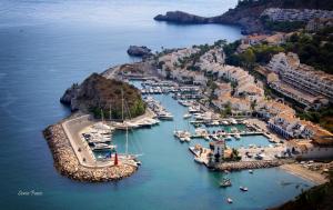 an aerial view of a harbor with boats in the water at H Boutique la Caleta bay in La Herradura