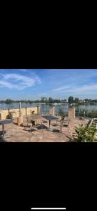 a picnic area with benches and a view of the water at Pension Nierstein bei Mainz in Nierstein