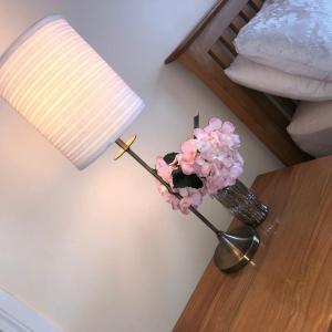 a vase filled with pink flowers on a table next to a lamp at Village Way Apartments in Kincasslagh