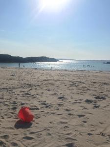 a red frisbee sitting on a sandy beach at Village Way Apartments in Kincasslagh