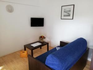 Résidence Goélia Domaine des Oyats في لونجفيل-سور-مير: غرفة معيشة مع أريكة زرقاء وطاولة