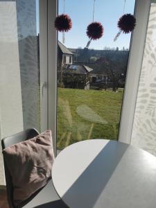 a glass window with a white table and a view of a field at Ferienwohnung am Felsenkeller in Ebrach