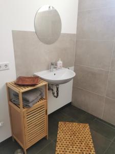 a bathroom with a sink and a mirror at Ferienwohnung am Felsenkeller in Ebrach
